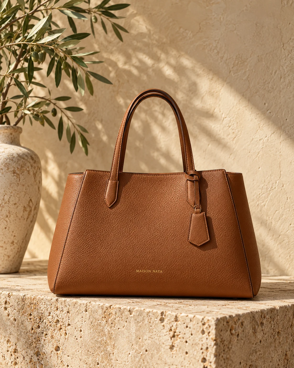 Sac cognac Maison Naya sur un socle de travertin, dans la lumière du soleil
